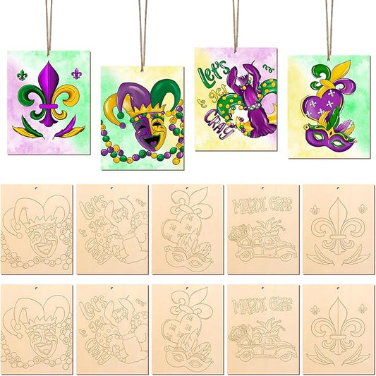 COCHIE 10 Pieces Large Mardi Gras Unfinished Wood Crafts to Paint for Adults and Kids, Bulk Predrilled Wooden Ornaments for Painting, Butterflies Paintable Wood Slices Craft Supplies with Ropes