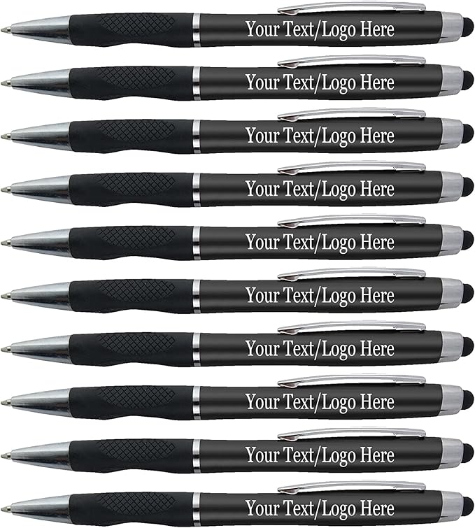 Personalized Stylus Pens With your Custom Logo or Text-300 Pack Bulk-for Businesses, Parties, and Events, 2 in 1 Ballpoint Pen + Capacitive Stylus for Touchscreen Devices, Black Barrel,Blue Ink