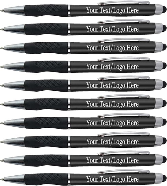 Personalized Stylus Pens With your Custom Logo or Text-300 Pack Bulk-for Businesses, Parties, and Events, 2 in 1 Ballpoint Pen + Capacitive Stylus for Touchscreen Devices, Black Barrel,Blue Ink