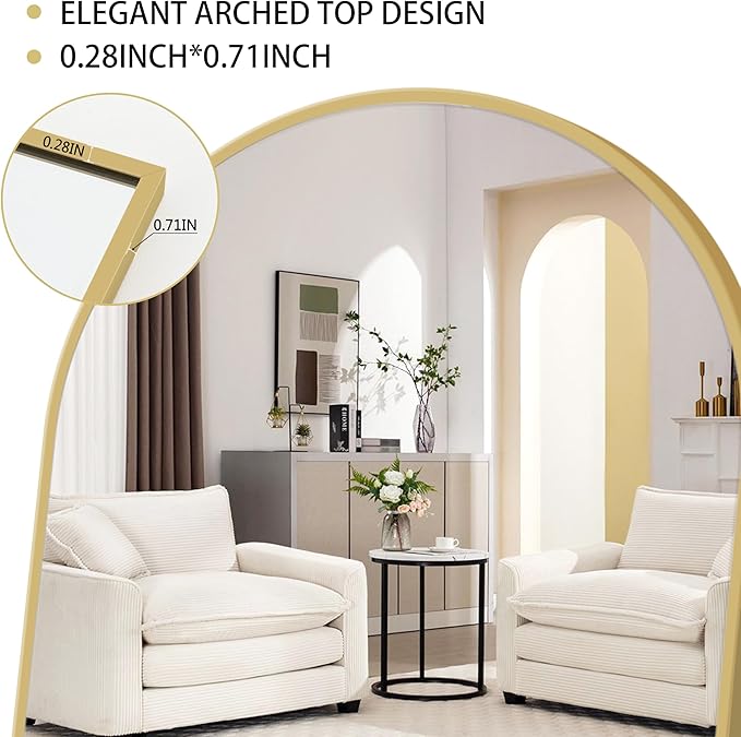 Simple Deluxe Arched Full Length Mirror, 64"×21" Large Mirror, Full Length Mirrors for Home Wall Decor, Arched Floor Mirrors with Stand for Bedroom Decor - Gold