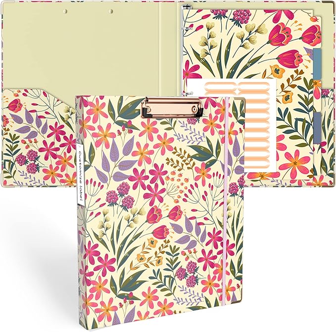 Ospelelf 3 Ring Binder, 1/2 Inch, Cute Floral Binder for Letter Size (11" x 8.5") with 5 Tab Dividers, File Folder Labels and Low Profile Clipboards