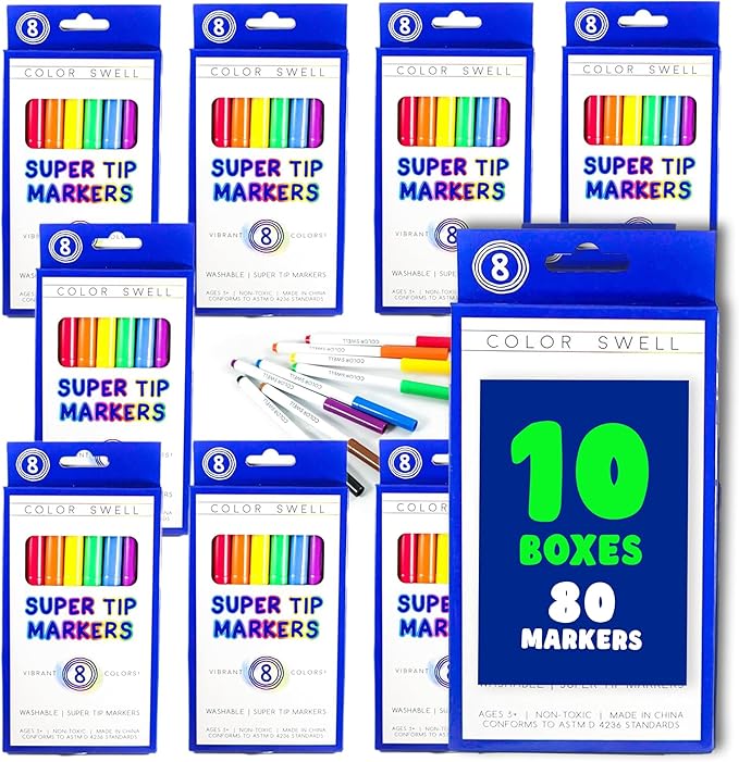Color Swell Super Tip Washable Bulk Marers Pack 10 Boxes of 8 Vibrant Colors (80 Total)