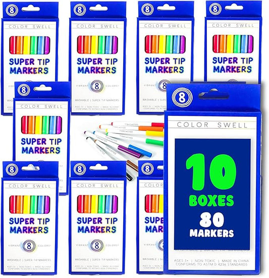 Color Swell Super Tip Washable Bulk Marers Pack 10 Boxes of 8 Vibrant Colors (80 Total)