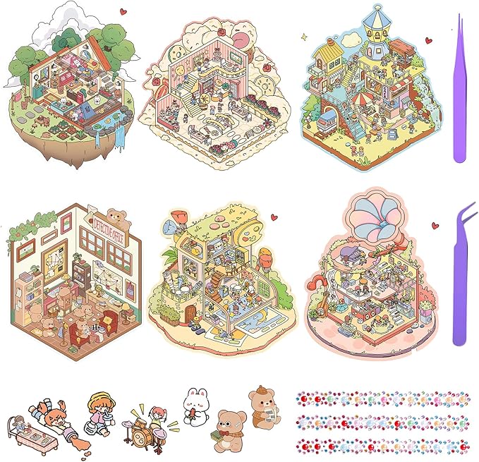 selgratwin DIY 3D Sticker Scenes for Adults Kids Reusable Cute Scene Stickers with Tweezer and Gem Stickers DIY Fun Mini Shops,playgrounds,Dream Houses Sticker Therapy Relief Stress ﻿Pass The time