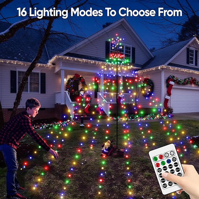 Christmas Tree Lights 340LED with Topper Star, IP67 Waterproof Remote Control Waterfall Lights with Pole, 16 Modes 3 Timers Dimmable Christmas Decorations for Outdoor Yard (Multicolored)