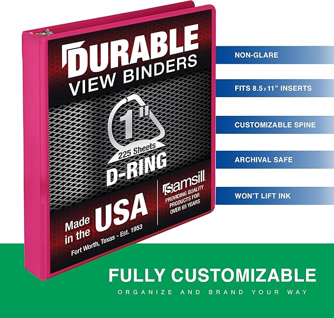 Samsill Durable 1 Inch Binder, Made in The USA, D Ring Binder, Customizable Clear View Cover, Magenta, Holds 225 Pages
