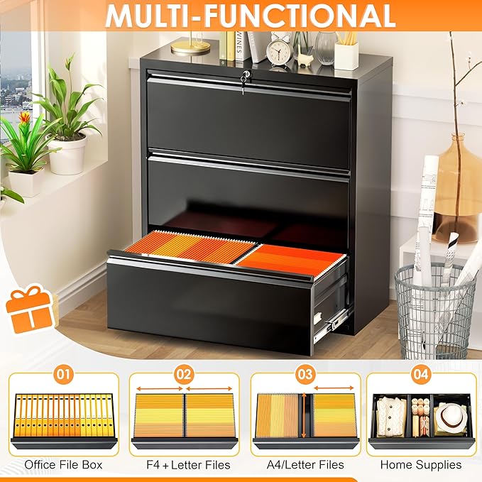 INTERGREAT File Cabinet 3 Drawers, Metal Lateral Filing Cabinets for Home Office, Locking Black File Cabinet for Hanging Files Letter/Legal/F4/A4, Easy Assembly
