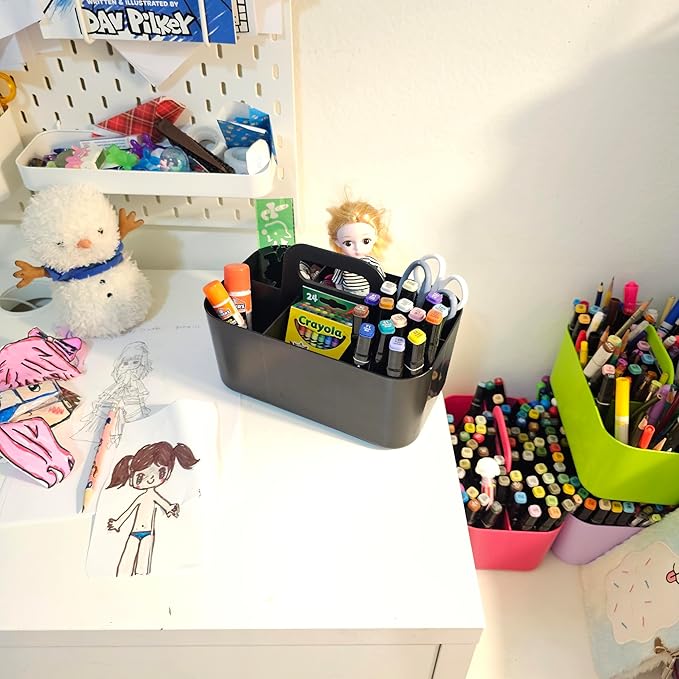 2 Pack Small 6 Compartment Multiuse Caddy Organizer with Handle Art Craft Supplies, Office, Desk, Stationery Pen Holder Stackable- Made In USA (Black)