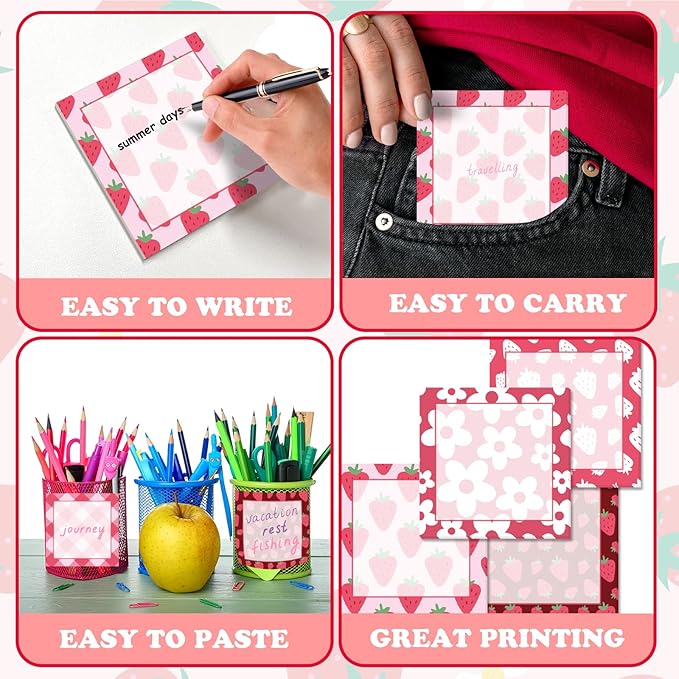 9 Pieces Strawberry Sticky Notes Adhesive Cute Summer Strawberry Memo Notes 3 X 3 Inch Self-Stick Note Pads for School Office Home Supplies Students Teachers Presents, 9 Styles