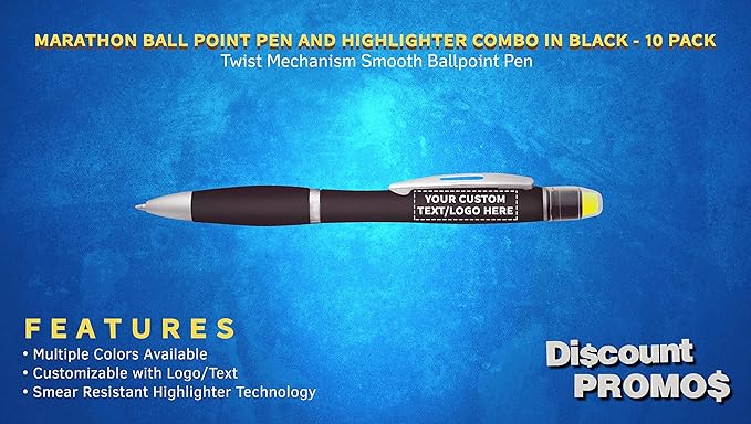 DISCOUNT PROMOS 10 Marathon Gel Highlighter Pens Pack - Customizable Text, Logo - Twist Mechanism, Ballpoint - Black