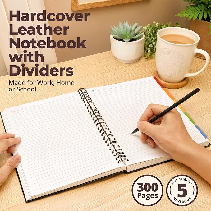 Hardcover Leather Lined Spiral Notebook 8x10" with Removable Dividers - Black - 300 Pages 5 Subject College Ruled Notebook for Work with Tabs, Pockets, and Pen Loop for Note Taking, Large Journal