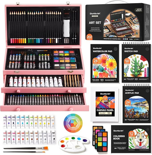 Shuttle Art Deluxe Gift Art Kit, 202-Piece Wooden Art Supplies Set with 4 Drawing Pads, Canvases, Coloring Sheets, Acrylic Paint, Crayons, Oil Pastels, Colored Pencils for Kids