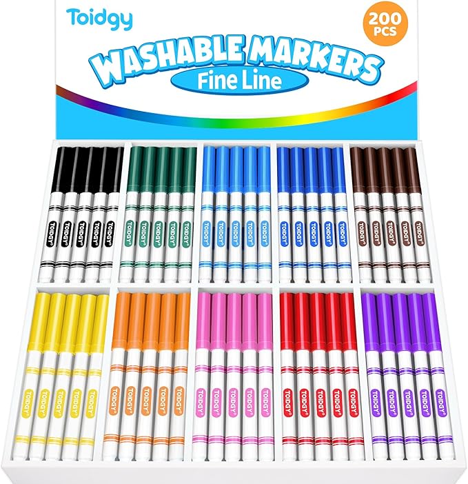 200 PCS Washable Markers for Kids, Colored Markers Bulk for School, Thin Marker Set in 10 Assorting Colors, Fine Line Marker with Conical Tip, Back to School Supplies, Classroom Must Haves