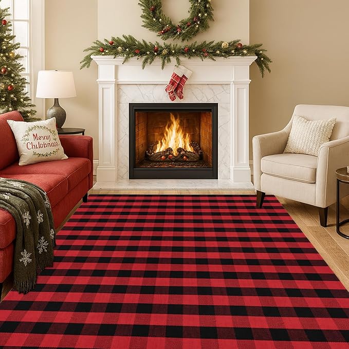 Ckorzen Red and Black Plaid Rug, 8' x 10' Christmas Front Porch Outdoor Rug, Handwoven Cotton Washable Rug for Layered Door Mats, Holiday Entryway and Home Décor