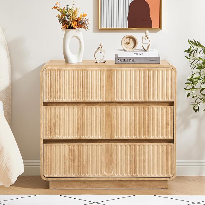 Turtle&Myrtle Fluted 3 Drawer Dressers for Bedroom, 31.5" Wide Large Mid Century Modern Nightstand W/3 Storage Drawers, Wood Dresser & Chest of Drawers with Curved Profile for Living Room (Natural)