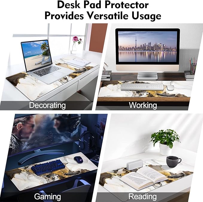 Galdas Large Mouse Pad XXL XL Large Mouse Pad Long Extended Mousepad Desk Pad Non-Slip Rubber Mice Pads Stitched Edges Thin Pad (31.5x11.8x0.12 Inch)-Ink White Gold Marble