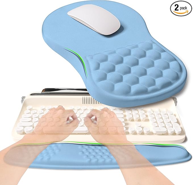2-in-1 Ergonomic Set, Wave Rise Keyboard Wrist Rest and Massage Bulge Slope Mouse Pad Wrist Support, Cushion Memory Foam Integrated to Relieve Wrist Pain, Lake Blue