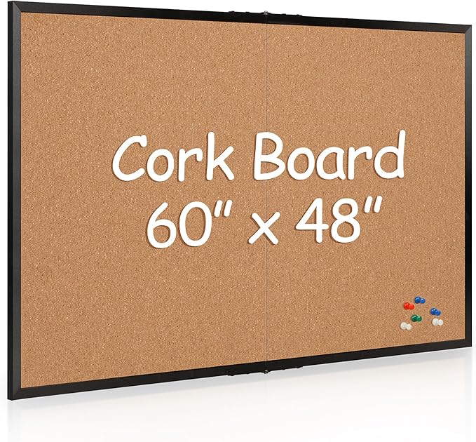 Board2by Extra Large Cork Bulletin Board 60" X 48", Foldable Notice Pin Board for Wall, Black Wood Framed 5'x4' Corkboard, Wall Mounted Noticeboard with 32 Push Pins for School, Home & Office