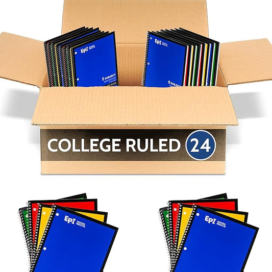 EPI Spiral Notebook | 5 Subject - College Ruled - 180 Sheets, Durable Spiral Binding | 10.5 x 8 in | Classroom Supplies | School, Office, Note Taking, Journaling - 24 Pack