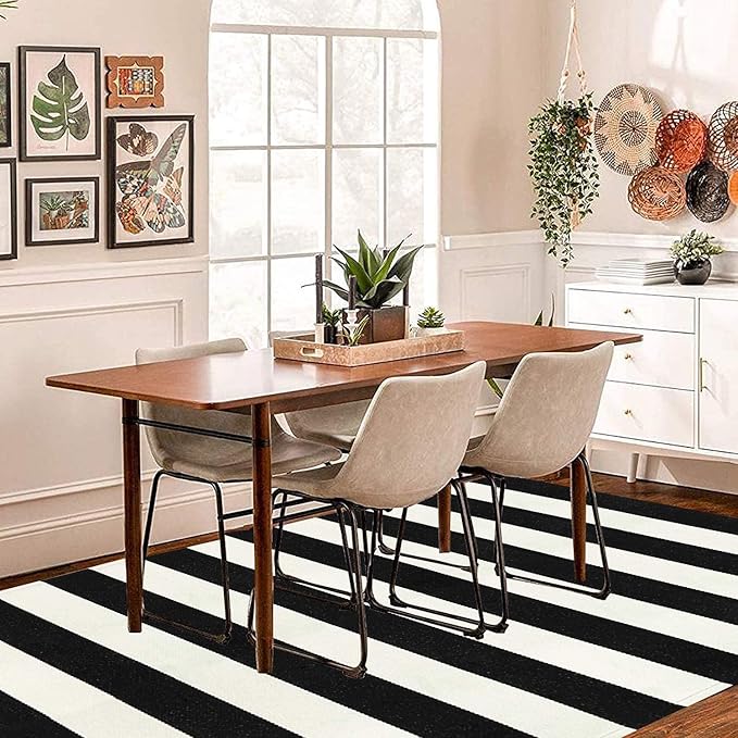 Collive Black and White Christmas Rug Outdoor 4'x 6', Washable Striped Outdoor Indoor Rug, Farmhouse Cotton Woven Layered Door Mat, Front Porch Decor Door Mat for Patio Living Room Kitchen