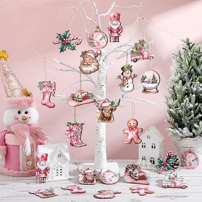 Huwena 36 Pcs Pink Christmas Ornaments Wooden Western Christmas Decorations for Tree Nutcracker Gingerbread Man Cowgirl Boots Hat Wood Cutouts Tags with Ropes Winter Decor for Xmas Tree Wreath Gifts