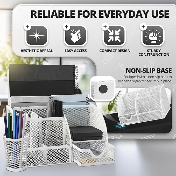 Flexzion Desk Caddy Organizer Set (White) - Metal Mesh Desktop Caddy with Drawers, 6 Compartments, and Pencil Holder for Women & Men - Desktop Organizer and Storage for Work or Office Supplies