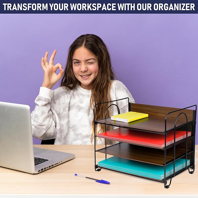4-Tier Office Organizer, Desk File Organizer with Wood Patterned Shelves, Office Supplies Desktop Organization for Storage of Paper, Bills, Letters, Multi-Functional Desk Organization and Accessories