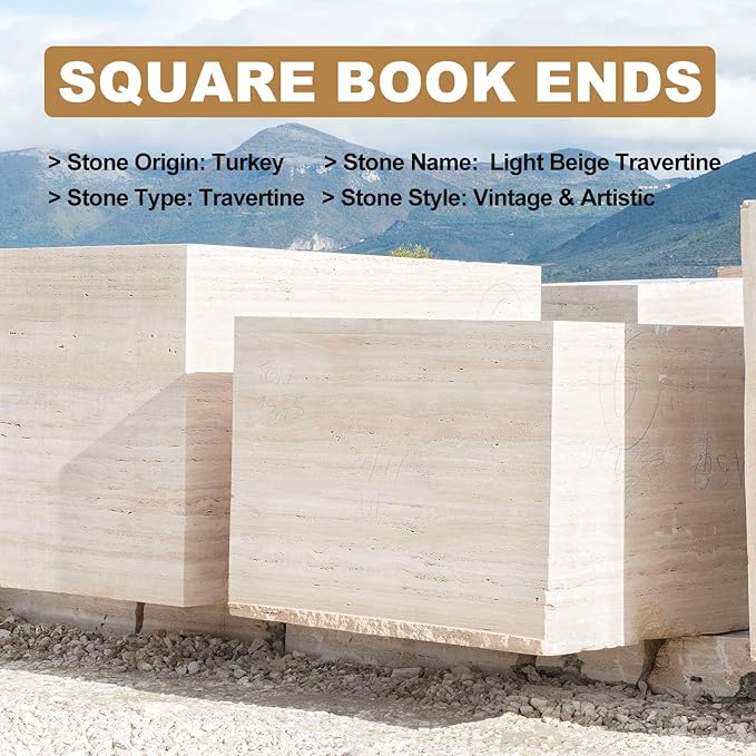 Natural Marble Square Book Ends, Heavy Duty Bookends for Shelves, Non-Skid Stone Book Holders, Unique Modern Aesthetic Office Bookshelf Decor for Books/CDs(Travertino Turkey)
