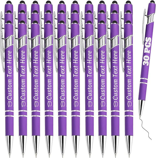 Personalized Pens Bulk 30 with Name Custom Engraving Ballpoint Pens with Stylus Tip Customized Smooth Writing Pens Personalized Gifts for Anniversary Birthday or Graduation(Purlpe,Black Ink)