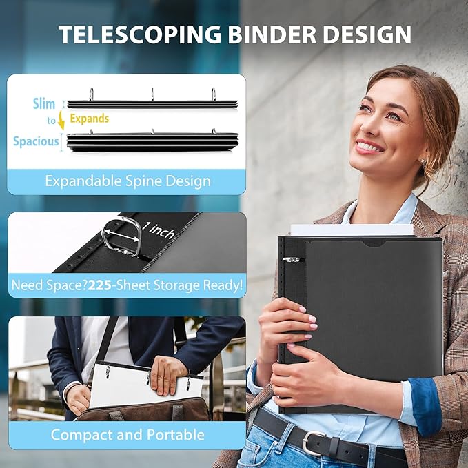 WOT I Telescoping 3 Ring Binder 1 Inch, Expandable Binder - Patented Design for Easy Portability, Holds Up 225 Sheets, Perfect for School, Office&Home Organization, Black