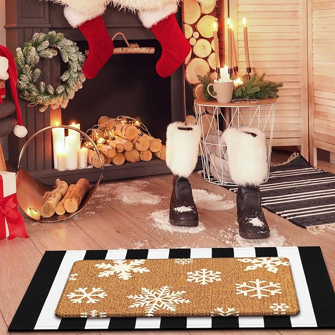 2 Pcs Christmas Door Mat Outdoor Winter Snowflake Nature Coir Welcome Outdoor Rug Black White Stripe Winter Christmas Front Porch Rugs Non Slip Floor Mats Indoor Entrance Decor