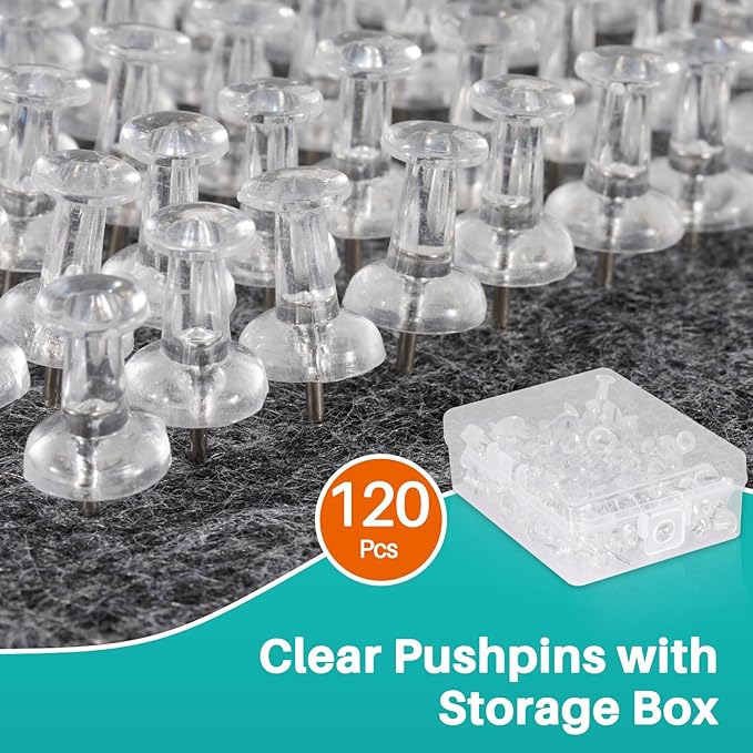 120Pcs Push Pins for Bulletin Board, Thumb Tacks for Cork Board, Clear Plastic Head, Steel Tip, Thumbtacks for Wall Poster Photo Maps Pictures Office Home Decor