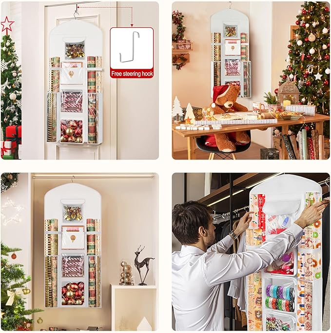 Hanging Gift Wrapping Paper Storage, 40"X17" White Double-Sided Christmas Wrapper Bag Container, Oxford Craft Roll Organizer, Present Wrap Holder for Bedroom Closet, Door, Cabinet