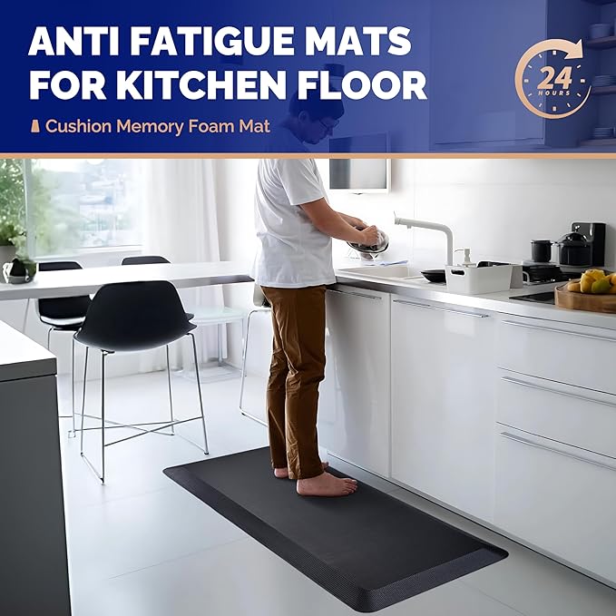 FEATOL Anti Fatigue Mat for Kitchen Floor – 9/10 Extra Thick Standing Cushioned Desk Mat Memory Foam, Ergonomic Floor Padded Comfort at Home, Kitchen, Office, Garage – NOT PVC (17" x 24", Black)
