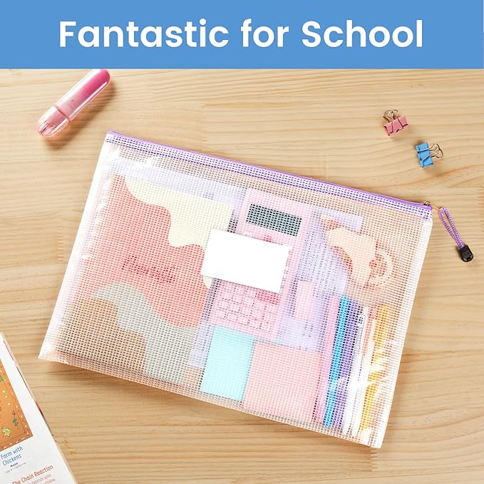 Sooez 24 Pack Super Large Mesh Zipper Pouch Bags, B4 (15.6×11.2 in) Pencil Pouch Bulk with Label Pocket, Waterproof Organizers for Board Game Storage, File Bags for School, Travel & Office, 12 Colors