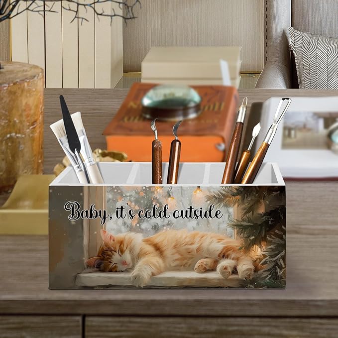 Winter Christmas Cat Pen Pencil Holder Organizer for Desk Accessories, Cat Mom Lovers Gifts for Women Wooden Box Sign Desk Decor for Office Decoration, Christmas Office Decor