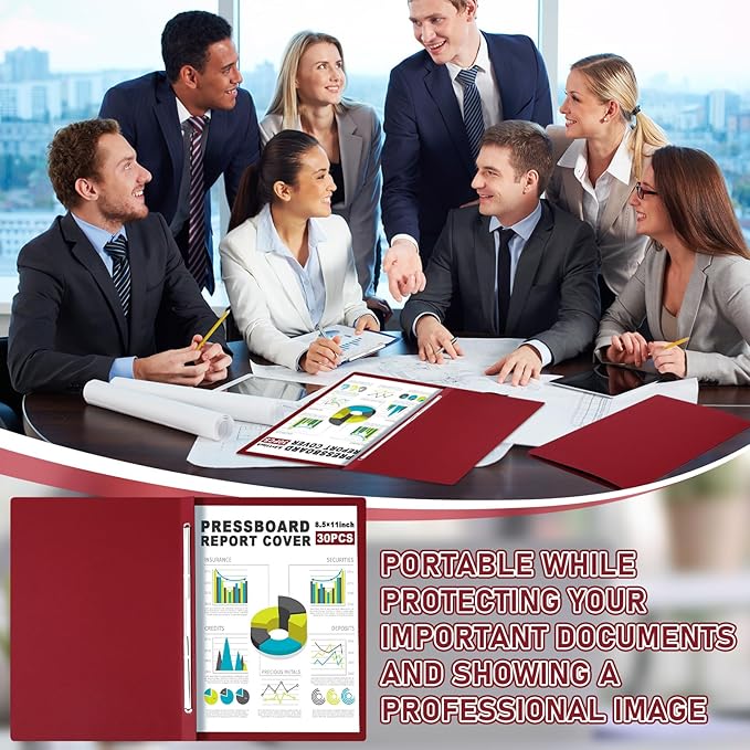 30 Pcs 8.5'' x 11'' Pressboard Report Cover, 3'' Capacity Metal Prong Fastener with Compressor, Letter Size, Presentation Folder to Neatly Bind Report, Proposal Document (Burgundy)