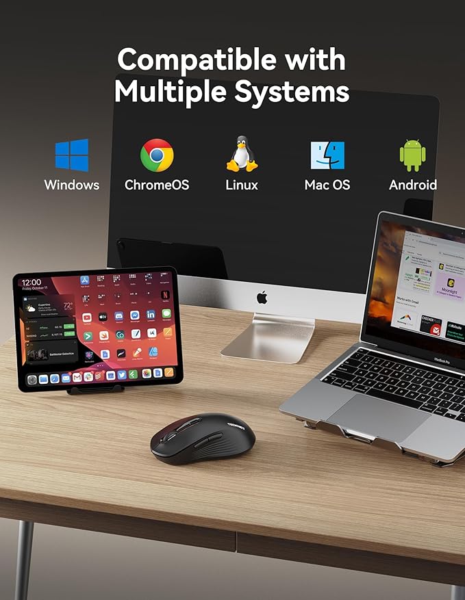 TECKNET Bluetooth Mouse, [ USB + BT1 + BT2 ] Wireless Mouse for Laptop, Silent Click, Full-Size, 4800 DPI Computer Mice Wireless, Dual Mode for Laptop, Computer, iPad, MacBook