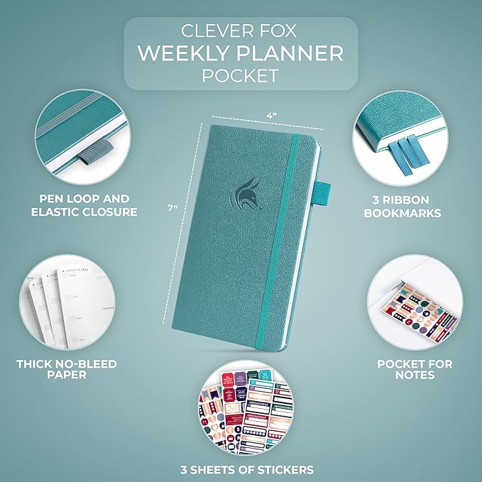 Clever Fox Pocket Planner Weekly – Undated Monthly Goal Planner and Calendar, Mini Planner Perfect for Purse, 3.7x6.7" (Aquamarine)