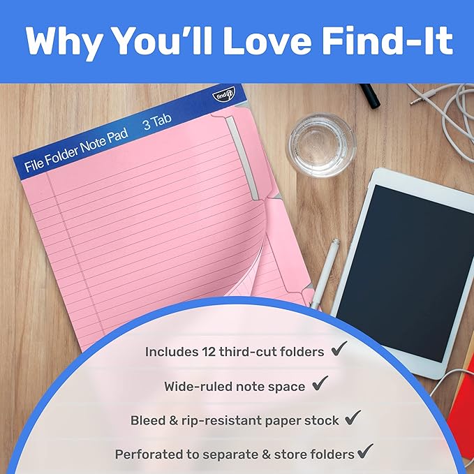 Find It File Folder Notepad - Pack of 12-9.5 x 12.5 Inch Notebook Organizer Folders for Filing, Document, and Clipboard Organization - Pink