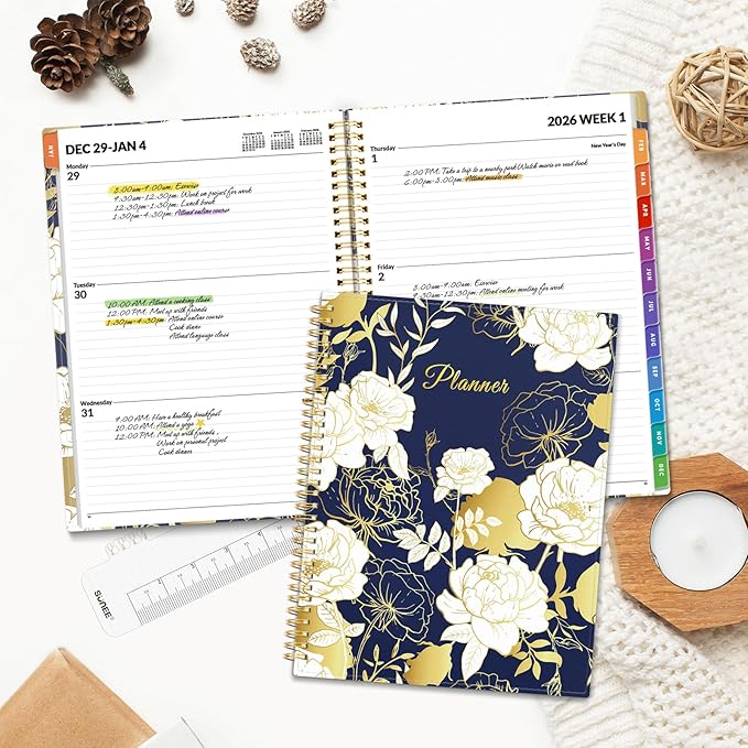 SUNEE 2026 Weekly and Monthly Planner - from January 2026 - December 2026, 8.5"x11" Daily Agenda Planner with Monthly Tab, Flexible Cover, Note Pages, Pockets, Bookmark, Spiral Binding, Dark Blue