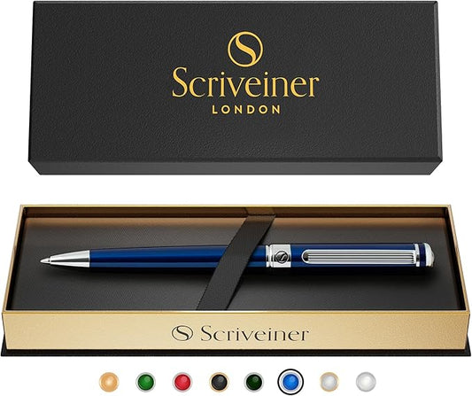 Scriveiner Midnight Blue Ballpoint Pen - Stunning Blue Lacquer Luxury Pen, Chrome Finish, Schmidt Black Refill, Best Ball Pen Gift Set for Men & Women, Professional Executive Office, Nice Designer Pen