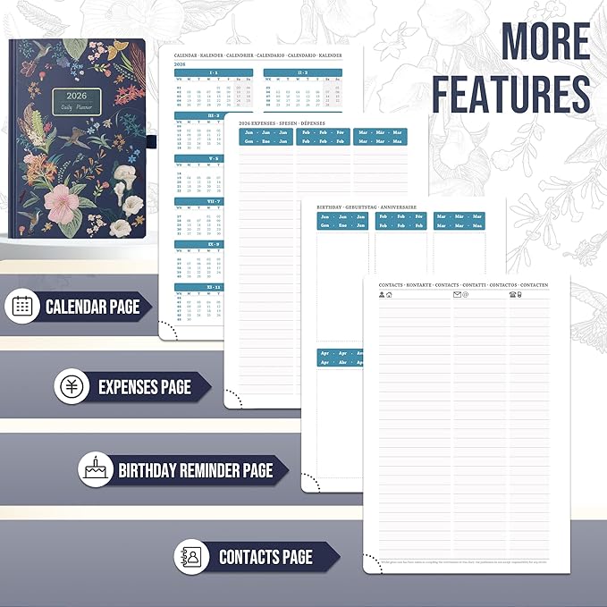 Daily Planner 2026 with One Page Per Day,(A5-8.5" x 5.9"),12 Months Calendar Hourly Appointment Book Monthly Tabs&Self-adhesive Pen Holder,Inner Pocket,3D Designed Flower Cover,Green