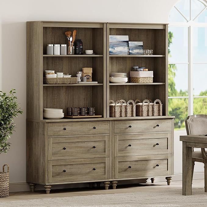 WAMPAT 3 Tier Bookshelf with 6 Wooden Drawers, 72" Tall Large Farmhouse Display Bookcase with Open Book Shelves, Mid Century Style Bookshelves for Living Room, Bedroom, Study Room, Wash Grey (2PCS)