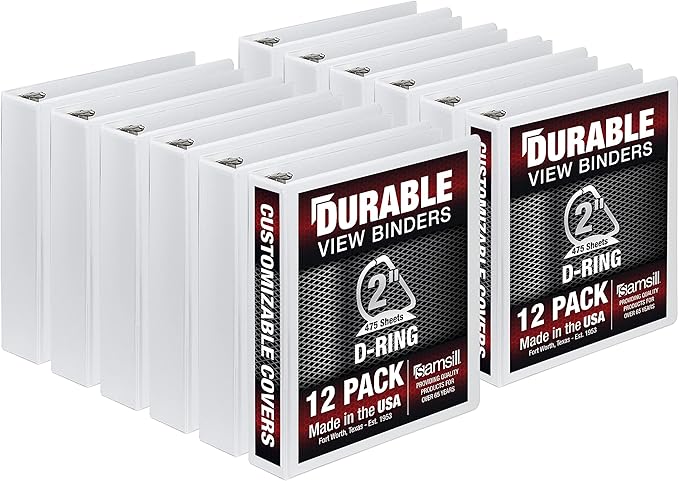 Samsill Durable 2 inch 3 Ring Binder, Made in USA, D Ring Binder, FSC 100% Recycled Chipboard, White, 12 Pack