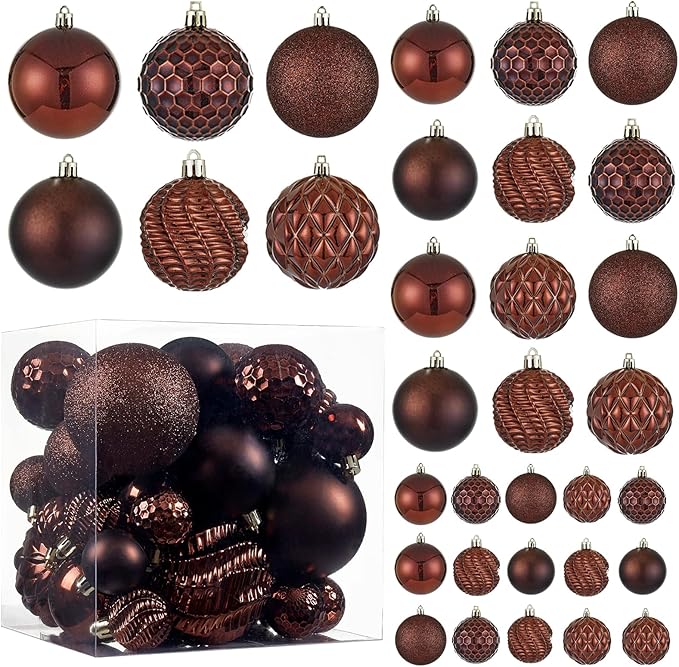 Christmas Balls Ornaments -36pcs Shatterproof Christmas Tree Decorations with Hanging Loop for Xmas Tree Wedding Holiday Party Home Decor,6 Styles in 3 Sizes(Brown)