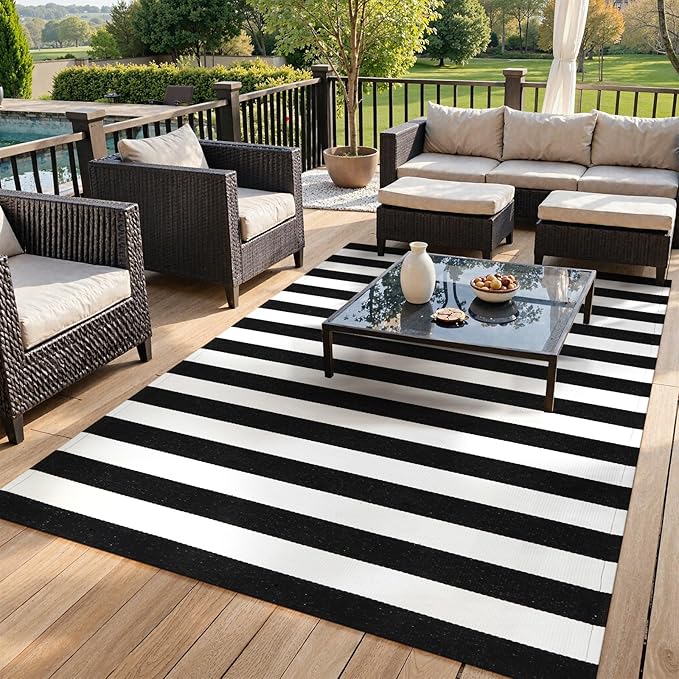 Black and White Striped Rug 5' 7" x 7' 7" Washable Large Patio Rug Cotton Hand Woven Indoor Outdoor Rug for Porch Backyard Dining Room Entryway Halloween Autumn Decorations