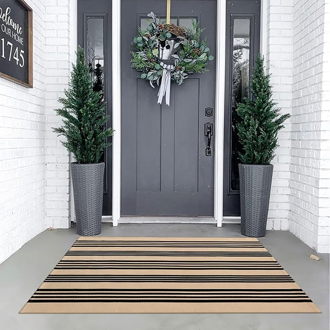 KIMODE Striped Outdoor Rug 3'x 5',Washable Reversible Striped Outdoor Patio Rugs,Cotton Hand Woven Farmhouse Welcome Layered Door Mats for Front Door Entryway Porch Spring Decor Black and Khaki