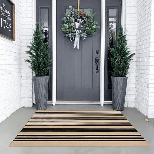 KIMODE Striped Outdoor Rug 3'x 5',Washable Reversible Striped Outdoor Patio Rugs,Cotton Hand Woven Farmhouse Welcome Layered Door Mats for Front Door Entryway Porch Spring Decor Black and Khaki