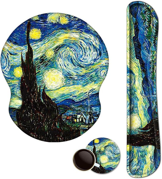 ARTSO Ergonomic Mouse Pad with Wrist Rest, Comfortable Keyboard Wrist Rest, Memory Foam Mousepad for Computer Keyboard, Mouse Pad Set for Easy Typing, Pain Relief, Starry Sky Oil Painting